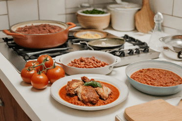 Cozinha Pr&aacute;tica com Ingredientes: Frango, Carne Mo&iacute;da, Molho de Tomate e Feij&atilde;o