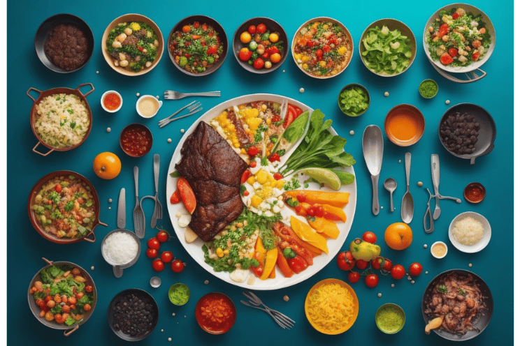 imagem representativa de uma mesa variada com diferentes pratos coloridos, indicando diversidade e praticidade na alimentação
