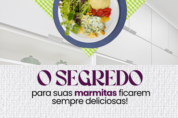 Técnicas de descongelamento para marmitas congeladas, mostrando uma refeição saudável sendo descongelada na geladeira e no micro-ondas.